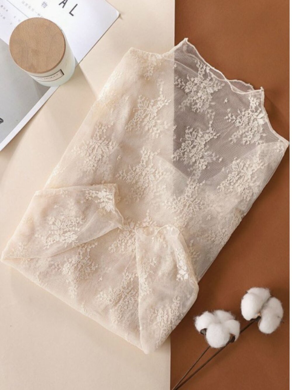 #213 LACE LONG SLEEVE TOP BEIGE